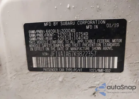 2019 Subaru Wrx from USA, damaged, VIN JF1VA1A67K9822357